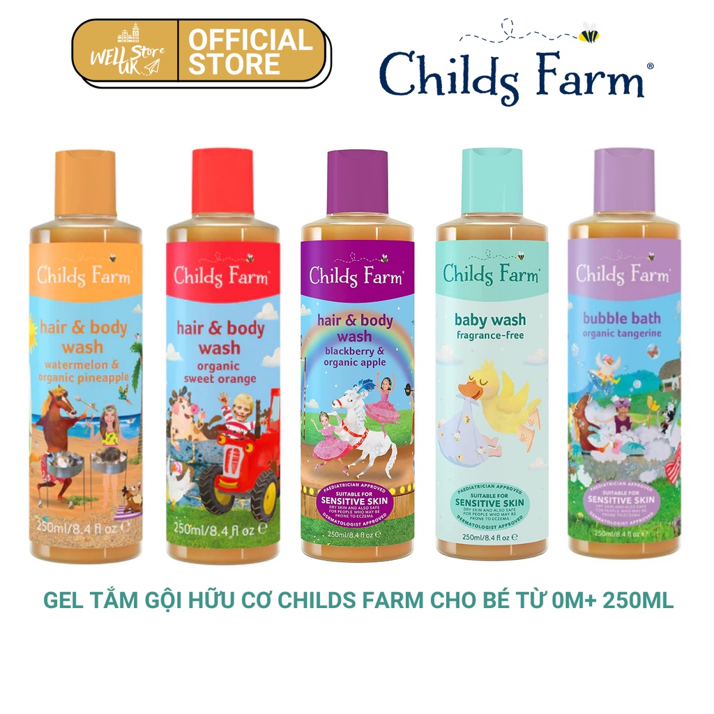 [Bill-UK]Gel tắm gội hữu cơ toàn thân cho bé Childs Farm các mùi hương tự nhiên dành cho da nhạy cảm lọ 250ml