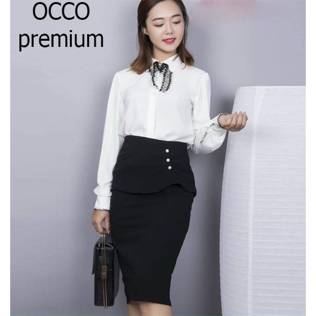 Chân váy công sở đính nút phối bèo CV09 [HÀNG XUẤT NHẬT-HÀN QUỐC]