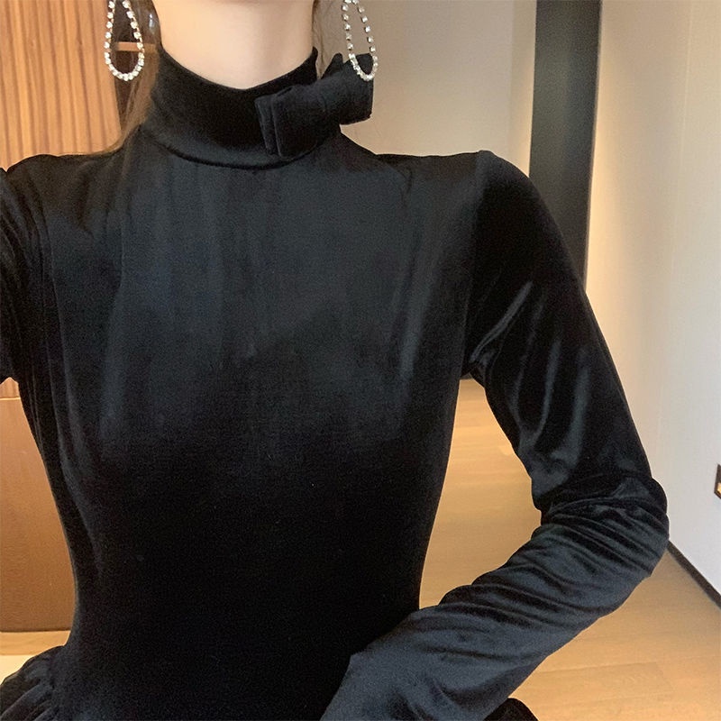 Váy babydoll Đầm Nhung Ngắn Tay Dài Dáng Ôm Phong Cách Retro Thu Đông 2021 Mới