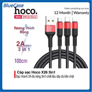 Cáp sạc Hoco X26 3 đầu đa năng Lightning - Micro - Type C dài 1m dây dù siêu bền