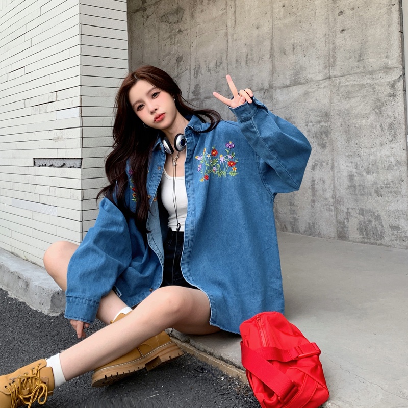 ZHELIHANGFEI Áo Khoác Denim Tay Dài Form Rộng Họa Tiết Thêu Theo Phong Cách Retro Dễ Phối Đồ