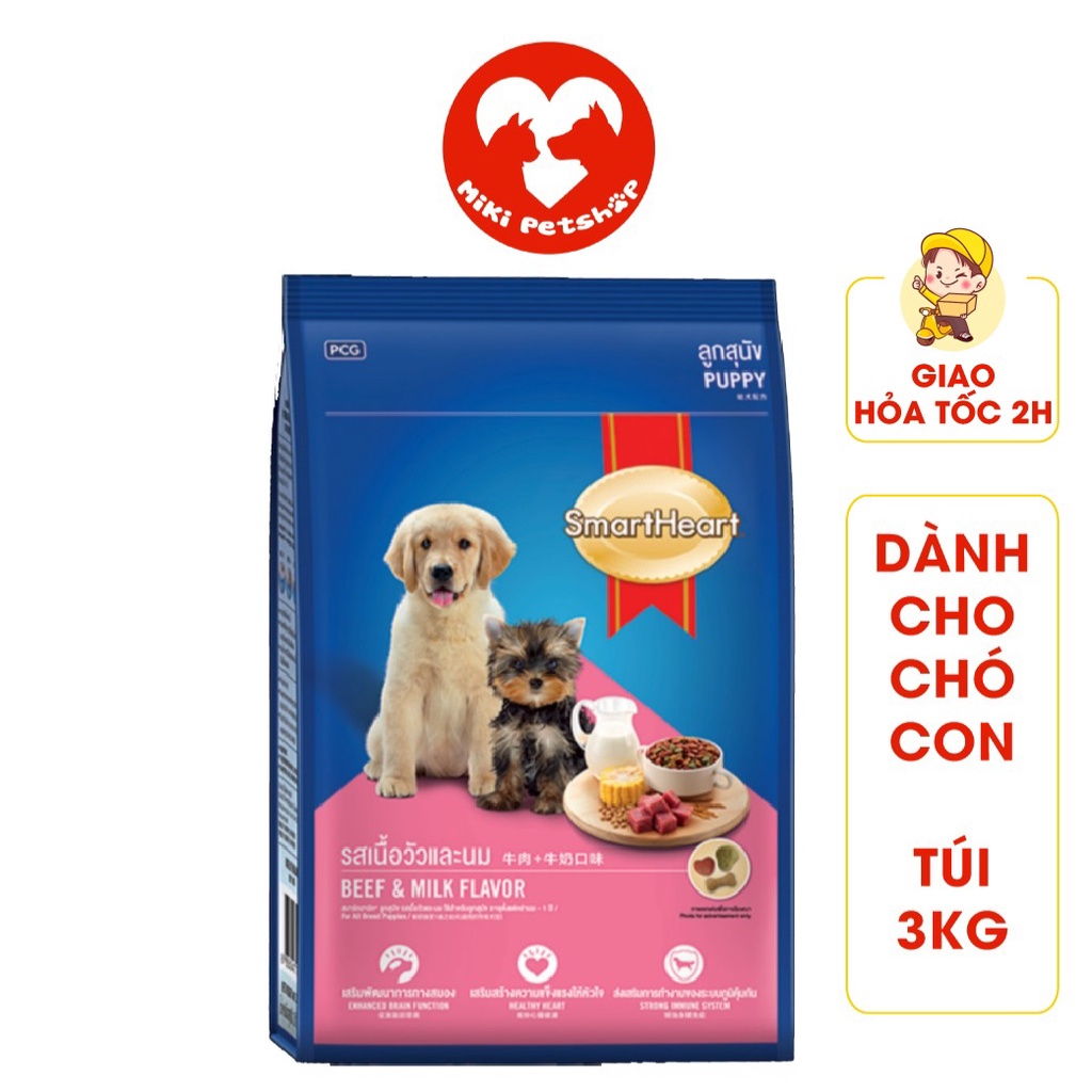 Thức Ăn Cho Chó Con Hạt Smartheart Puppy 3Kg Vị Bò Và Sữa - Miki Petshop