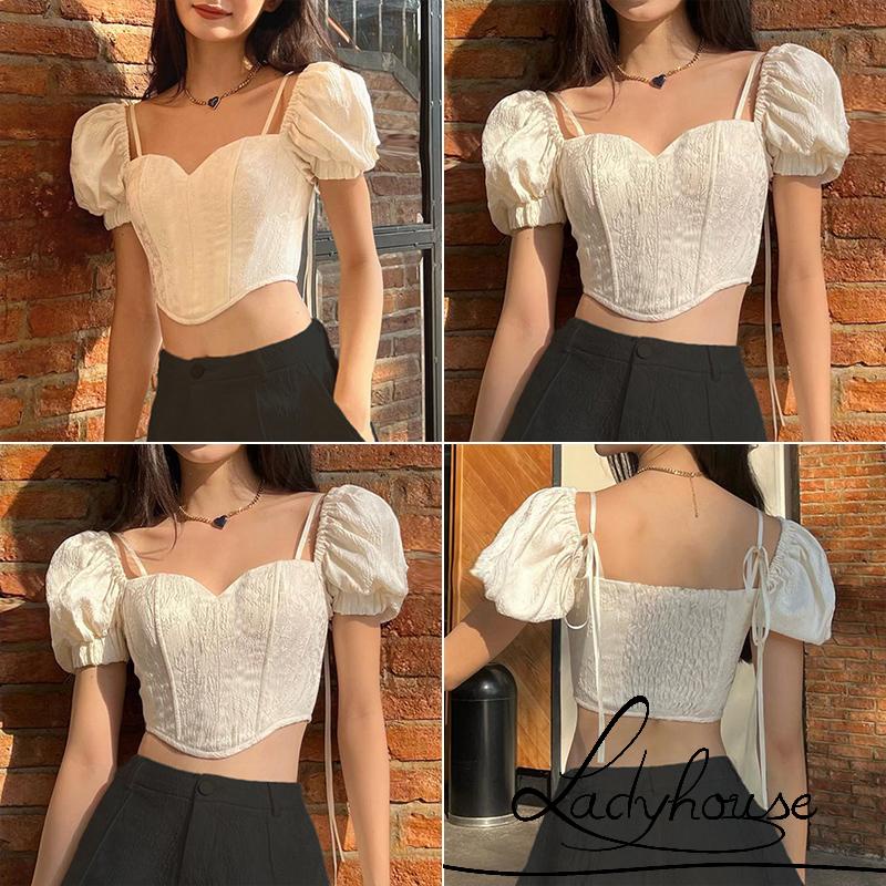 Áo Croptop Tay Phồng Ngắn Cổ Buộc Dây Thời Trang Cho Nữ