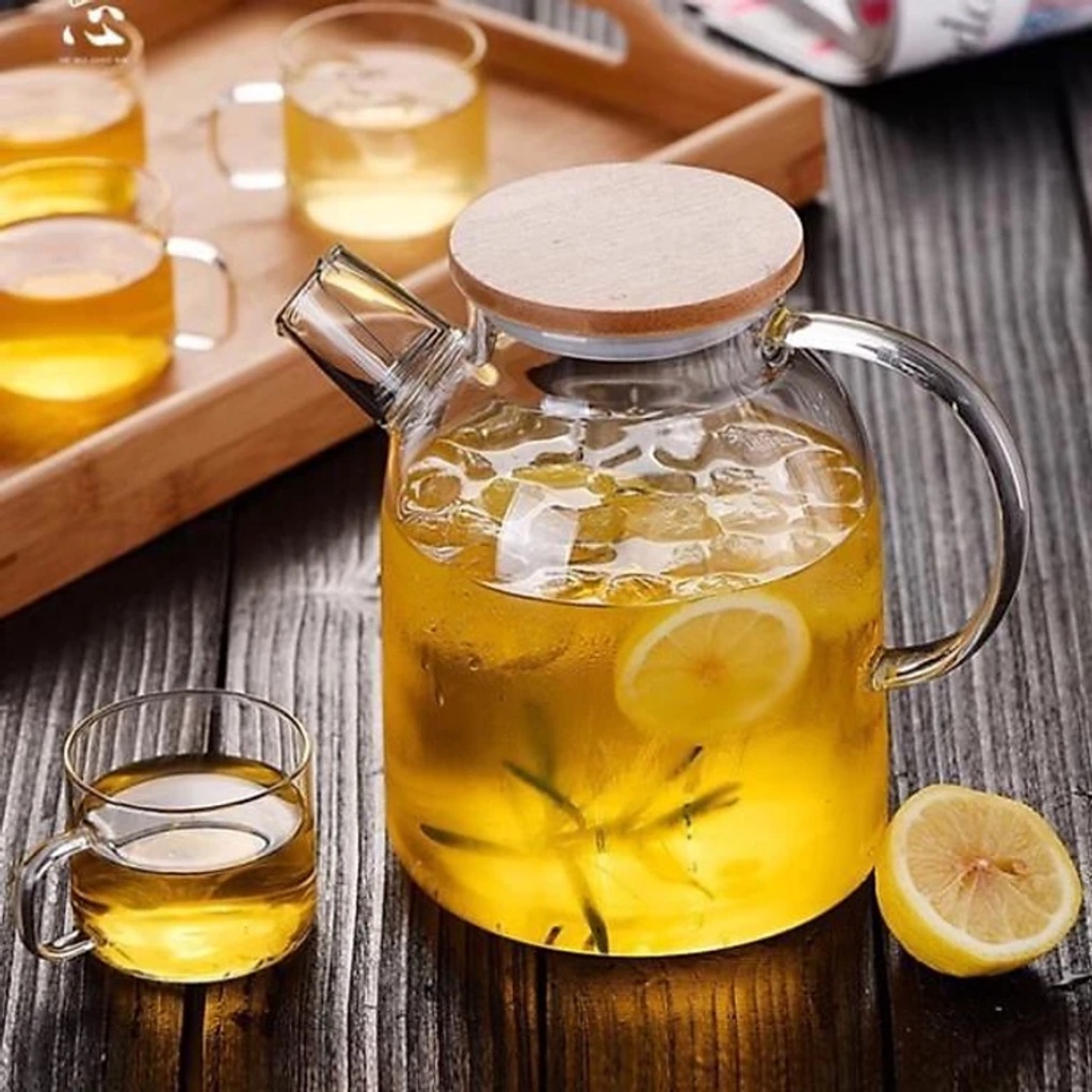 Bộ ấm trà thủy tinh chịu nhiệt cao, ấm nắp gỗ dung tích 1600ml-AT17.1