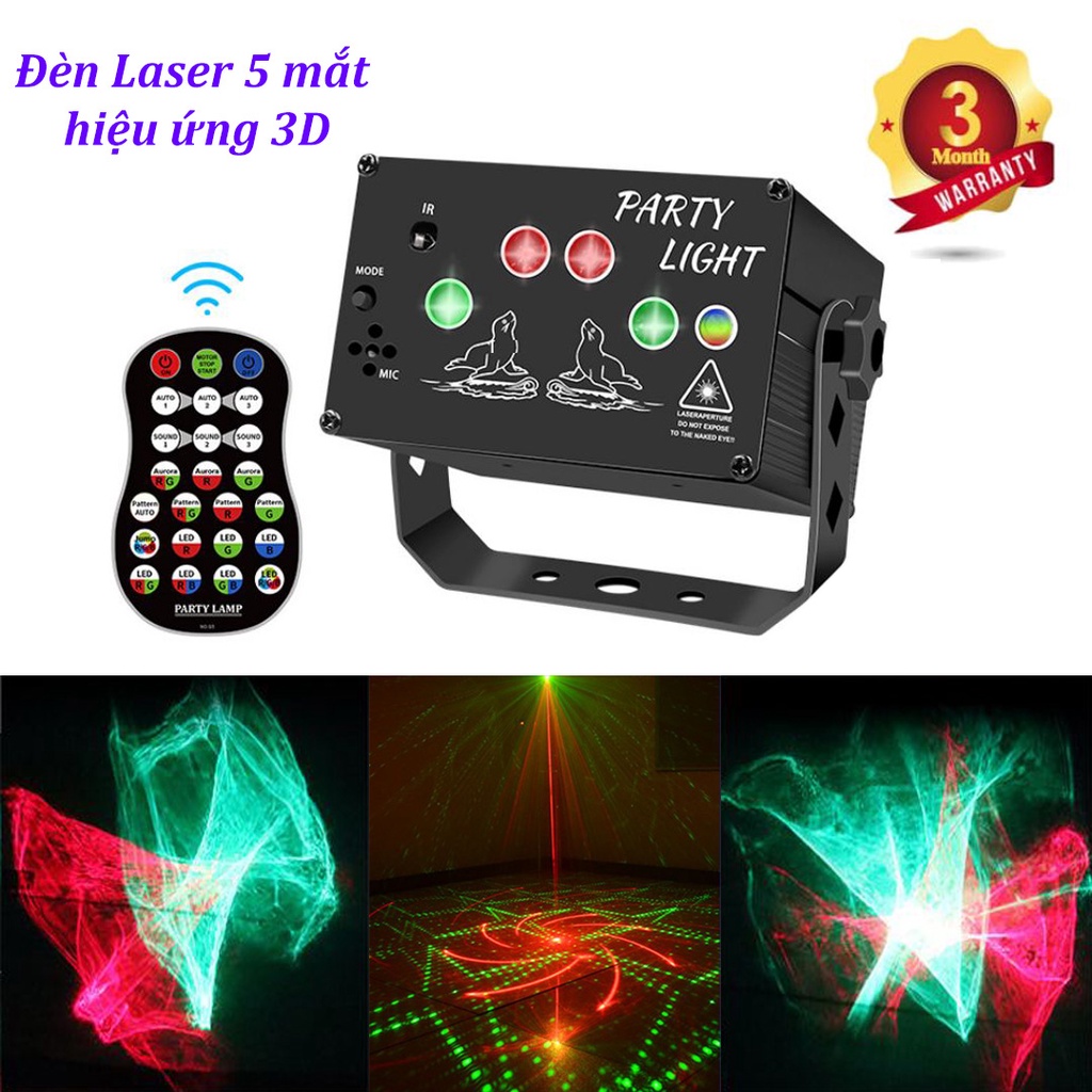 Đèn LED laser sân khấu 5 mắt ánh sáng LAZE kết hợp hiệu ứng 3D xoay chiều