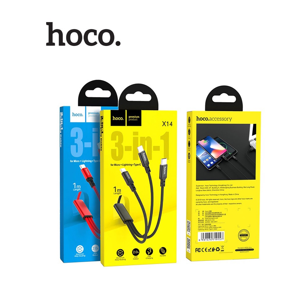 Cáp sạc 2.4A Hoco X14 3IN1 dây dù siêu bền dài 1M cho Smartphone