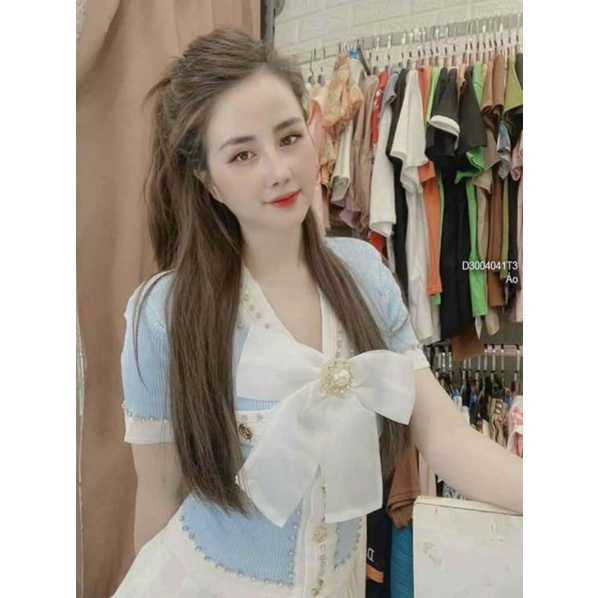 Áo len croptop nơ trắng ngực kết hạt phối viền cổ tim tay ngắn hàng Quảng Châu 3004