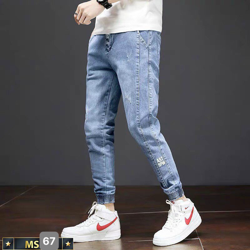 Quần Jogger Jeans Rin Nam Chất Bò Cao Cấp Xanh Đen Trơn Ống Bó Co Giãn Basic P050
