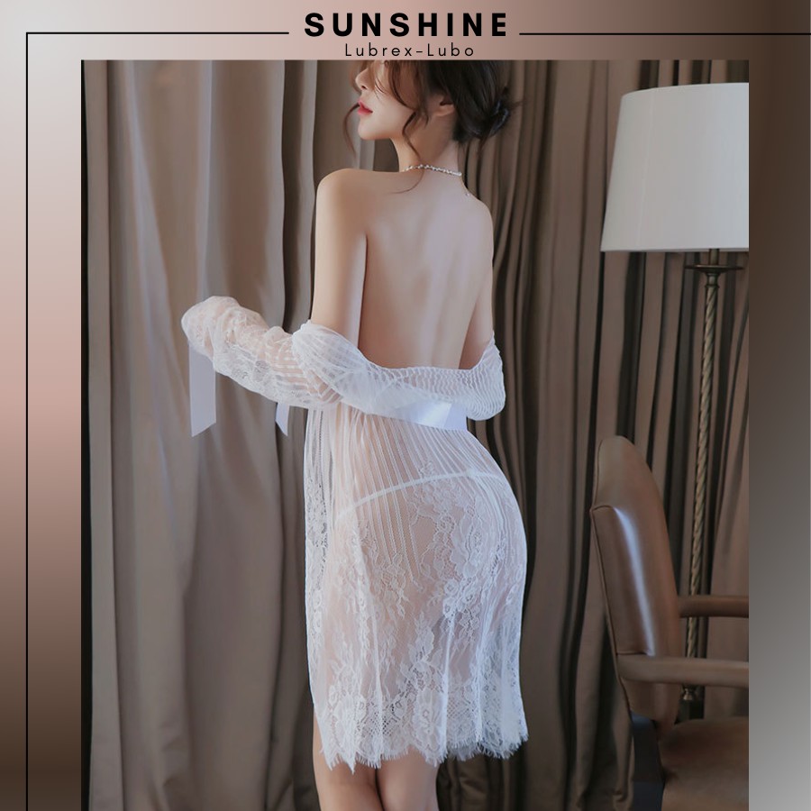 Áo choàng kimono Voan mỏng phối ren cao cấp kẻ sọc màu TRẮNG SUNSHINE LUBREX-LUBO -SOC1066