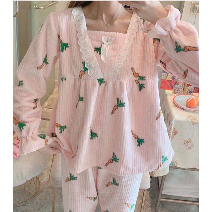 Đồ Ngủ Nữ Tay Dài Thu Đông- Đồ Bộ Pijama Chất Liệu Nhung Tăm Lụa Mặc Nhà Cao Cấp Xuất Hàn MSP446