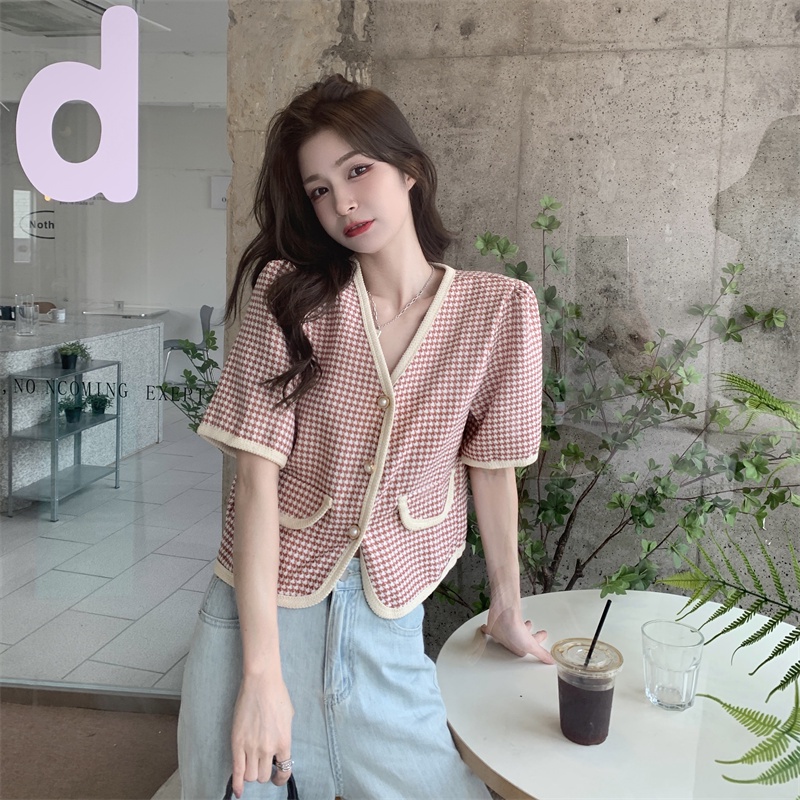 Áo Sơ Mi Ngắn Tay Cổ Chữ V Họa Tiết Kẻ Ô Phong Cách Mới 50545