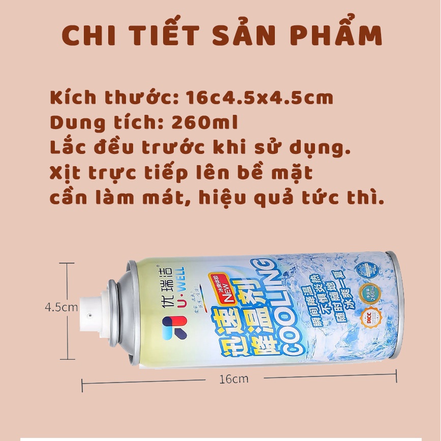 Chai Xịt Lạnh siêu tốc, Bình xịt làm lạnh tức thời ô tô xe máy 260ml, Làm lạnh nhanh, khử mùi