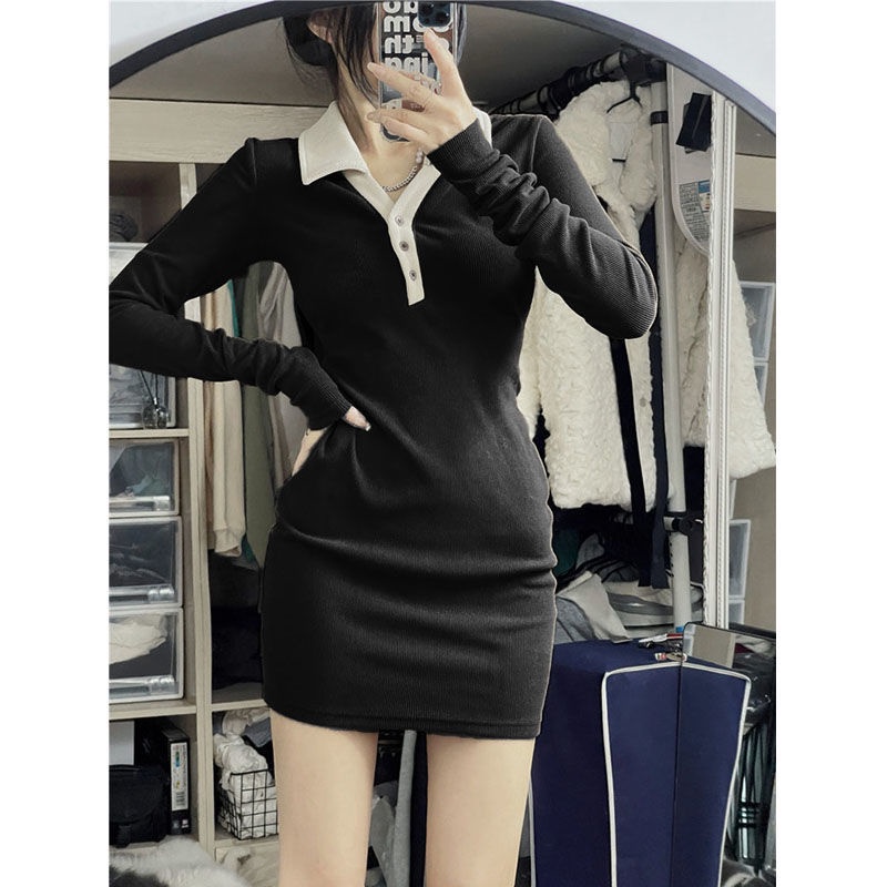 Đầm Dệt Kim Cổ polo Lưng Nhỏ Thời Trang Thu Đông Cho Nữ