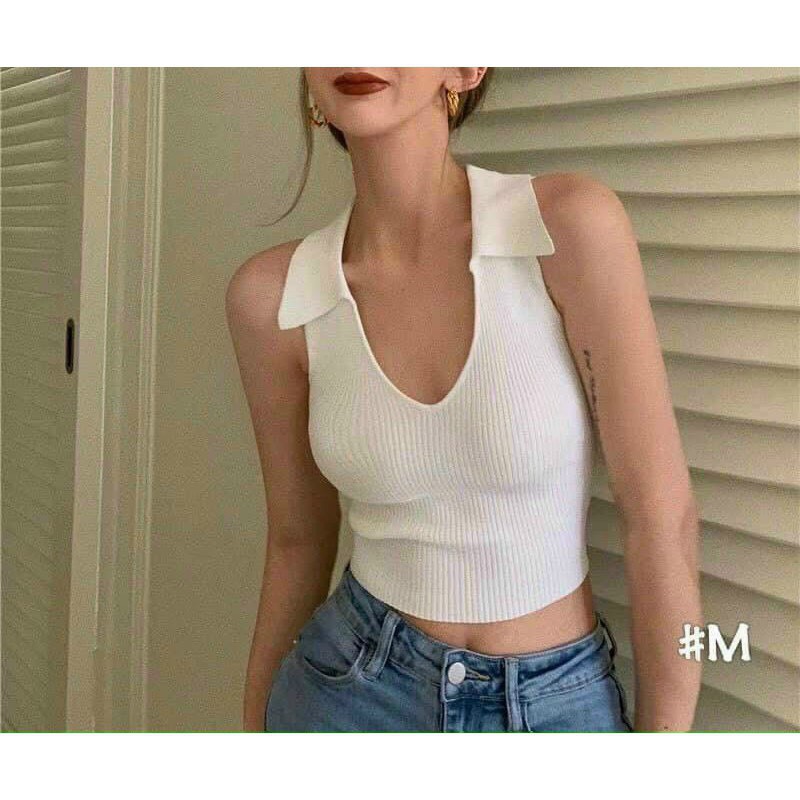 Áo Croptop Kiểu Không Tay Cổ Bẻ Fom Áo Ba Lỗ Chất Thun Gân Co Giãn Phong Cách Hàn Quốc