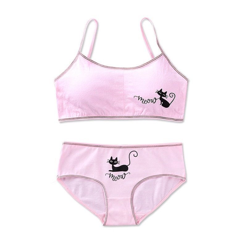Bộ Đồ Lót 2 Mảnh Áo Ngực Hai Dây In Họa Tiết Mèo Dễ Thương Có Thể Tháo Rời Phong Cách Hipster Thời Trang Cho Tuổi Teen