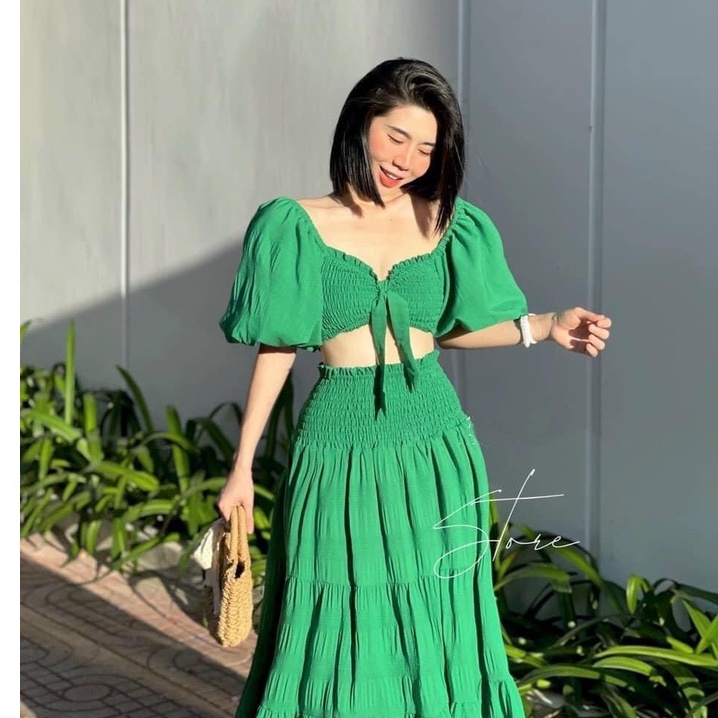 Đầm váy maxi đi biển đũi áo nhún xoè tay phồng set áo croptop tay bồng chân váy dài đi chơi đi biển xanh lá trắng hồng | BigBuy360 - bigbuy360.vn