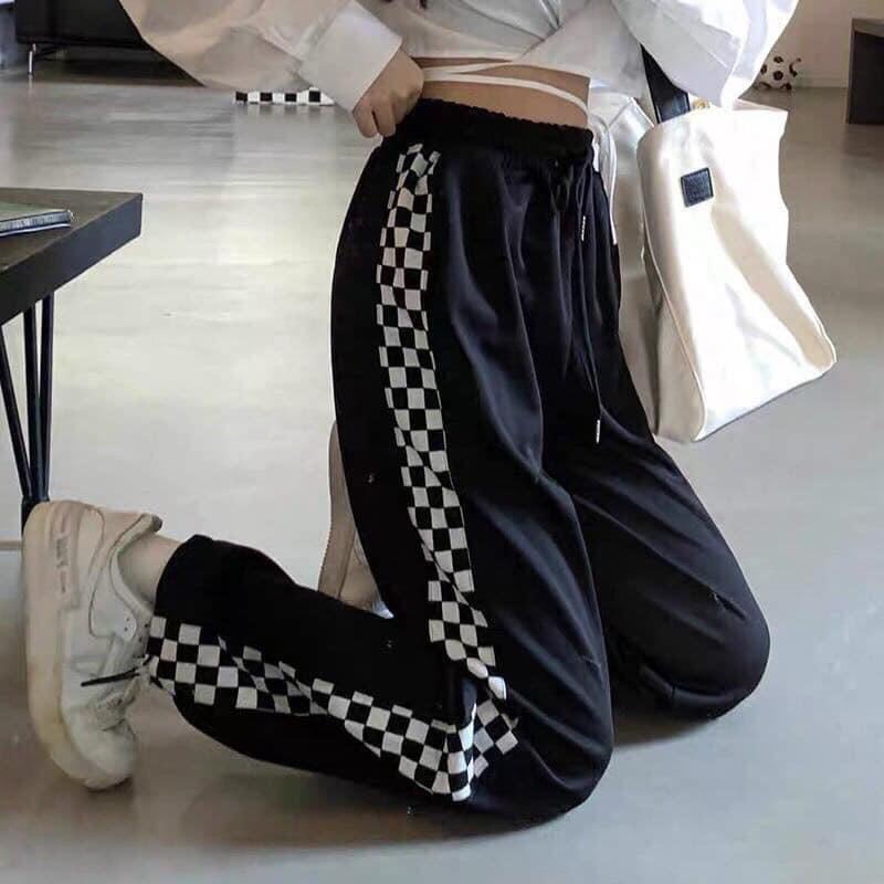 Quần suông phối viền caro form rộng rút gấu nữ - Culottes ống rộng cạp chun vintage, thiết kế kẻ caro - Zadola Fashion