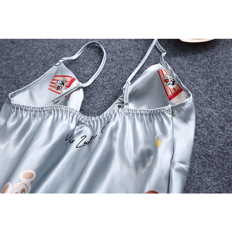 Bộ đồ ngủ satin in họa tiết dễ thương đáng yêu dành cho nữ