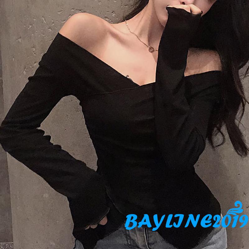 Áo thun tay dài trễ vai màu sắc thời trang cho nữ