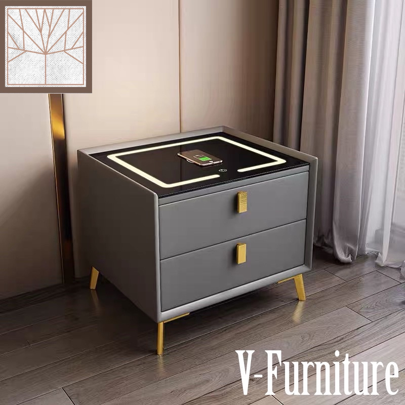 Táp đầu giường 2 ngăn bọc da có đèn LED cảm ứng và sạc không dây thông minh