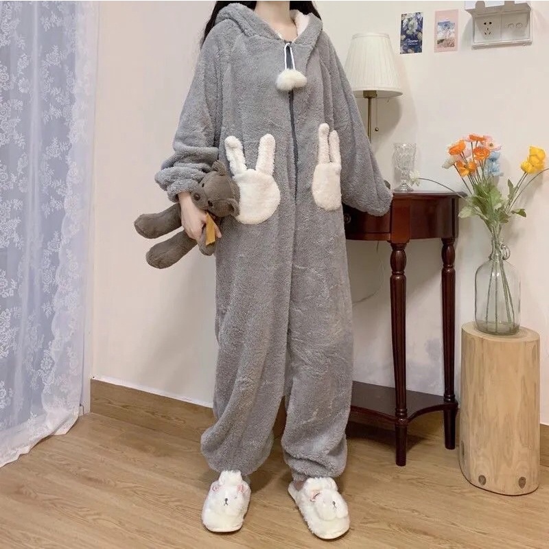 Bộ Ngủ Thỏ Lông Xám Liền Thân