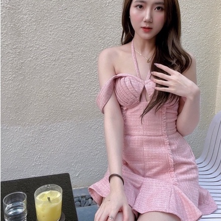 Váy cúp ngực dạ tweed hồng_Rosie_PLUMBUM