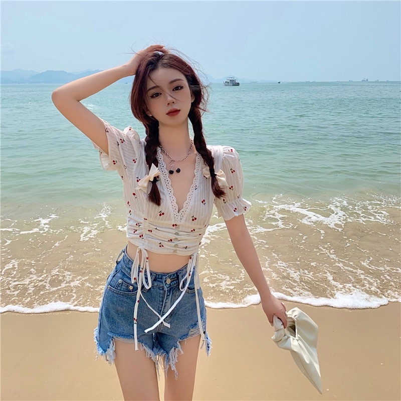 Áo kiểu croptop tay ngắn rút dây viền ren hoạ tiết Cherry nhí xinh xắn, áo crt - Mã: 772 TV-FASHION