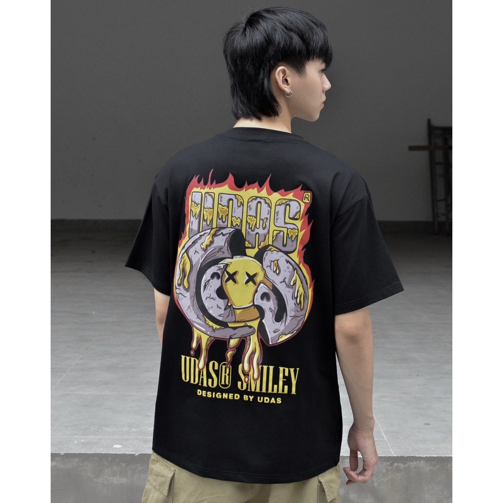 Áo thun tay lỡ UDAS phông Unisex nam nữ Cotton oversize form rộng SMILEY FLAME - Đen | BigBuy360 - bigbuy360.vn