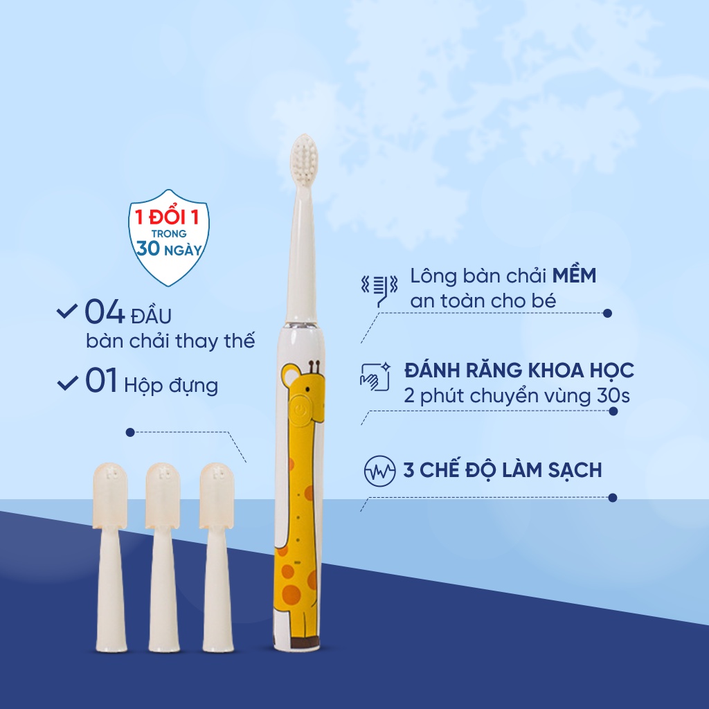 Bàn chải điện cho bé siêu âm tự động, lông chải mềm kháng khuẩn cho bé từ 3 tuổi trở lên