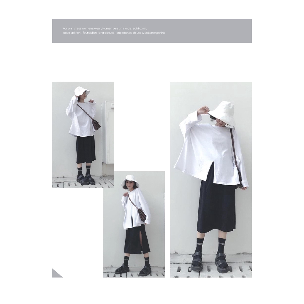 SUXI Áo thun Hàn Quốc dáng rộng dài tay màu trơn