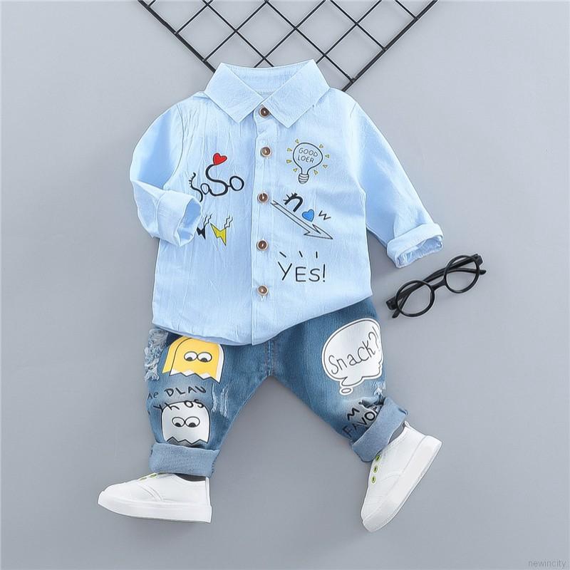 Set áo tay dài + quần jeans phong cách Hàn Quốc cho bé trai