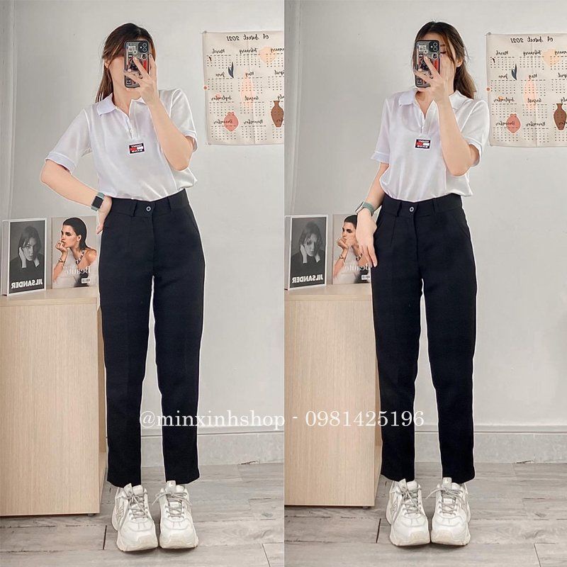 Quần baggy nữ công sở dáng dài ống đứng cạp cao màu đen chất tuyết mưa mềm - Quần tây đen lưng cao đi học sinh có đai