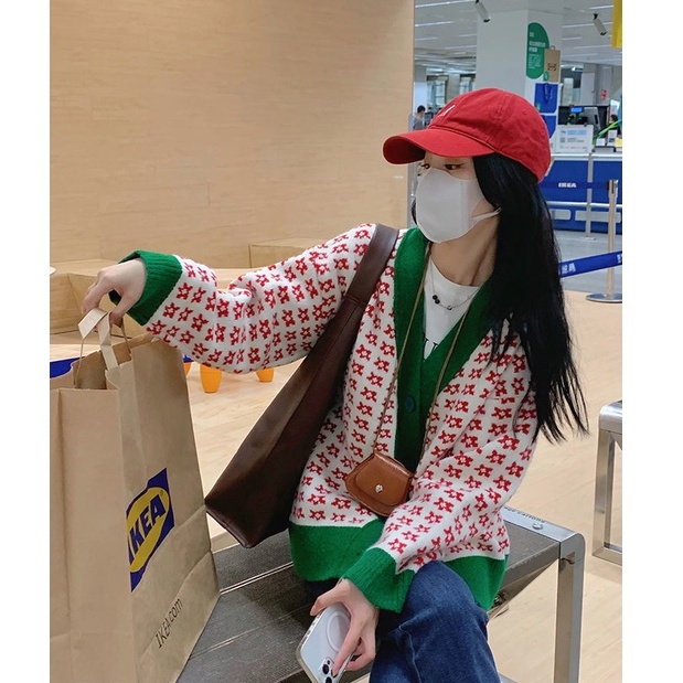 Áo sweater dệt kim in hoa màu đỏ dáng ôm dễ phối đồ phong cách Hàn Quốc