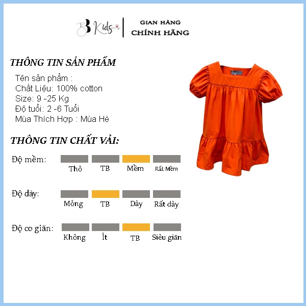 Váy Tay Bồng BB KIDS Chất Cotton Cho Bé Màu Cam