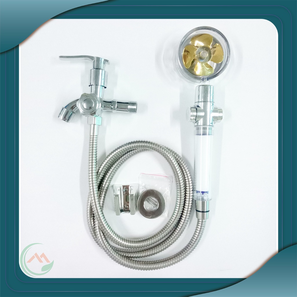 Bộ củ sen hợp kim siêu bền một đường nước lạnh + tay sen quạt thân nhựa trong lõi lọc có nút bật tắt -  QM.CS02.TS029B4