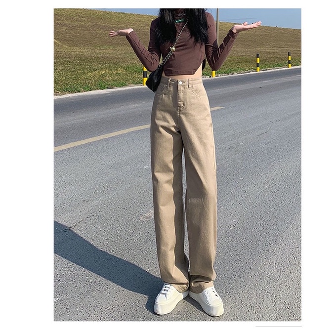 Quần jeans KAKI ống đứng rộng y ảnh dày dặn hack dáng che khuyết điểm chân phong cách Hàn Quốc