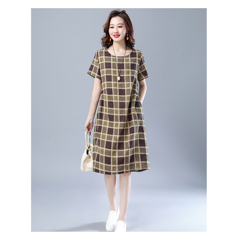Váy Công Sở Kẻ Caro Ngăn Tay Dáng Suông Chất Đũi Mát Da183