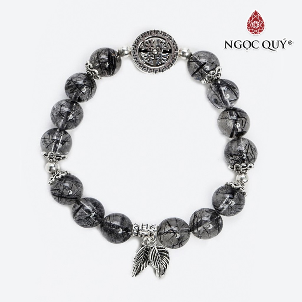 Vòng tay TA tóc đen charm lá bạc hạt 10mm - Ngọc Quý