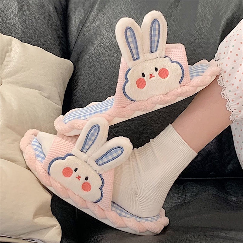Oeteo Dép Đi Trong Nhà Bằng Vải cotton Lanh Mềm Mại Hình Chú Thỏ Xinh Xắn Cho Nữ