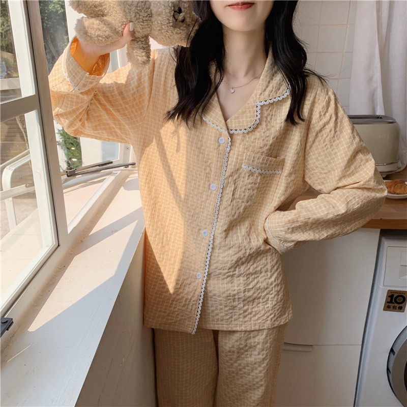 BN2_Bộ Ngủ pijama, đồ mặc nhà dài tay kẻ caro đỏ phối ren | Hàng quảng châu cao cấp