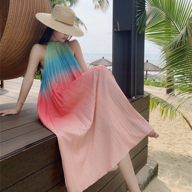 Maxi đi biển xếp ly dự tiệc đầm váy maxi dáng dài xòe hở lưng cổ yếm kiểu Hàn Quốc thiết kế sang chảnh 8500 CT-40
