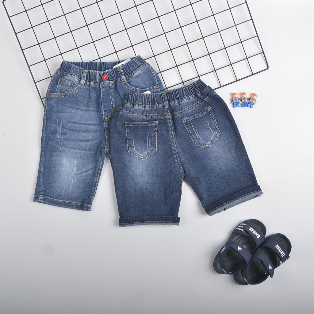 Quần jean lửng bé trai TrueKids, quần short jean size đại từ 25 - 42kg thêu sọc