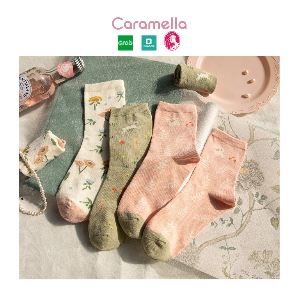 Tất nữ cổ cao CARAMELLA, set vớ nữ cao cổ 3 đôi chủ đề Thỏ Xanh Hồng kèm túi zip xinh xắn, mẫu tất đẹp 2021