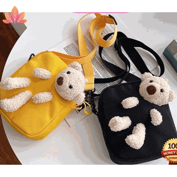 Túi đeo chéo hình gấu dễ thương chất liệu vải canvas JP5