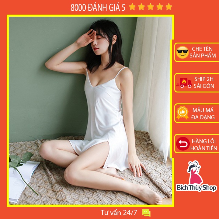 Váy ngủ lụa satin hai dây vạt xẻ tà gợi cảm (màu trắng)
