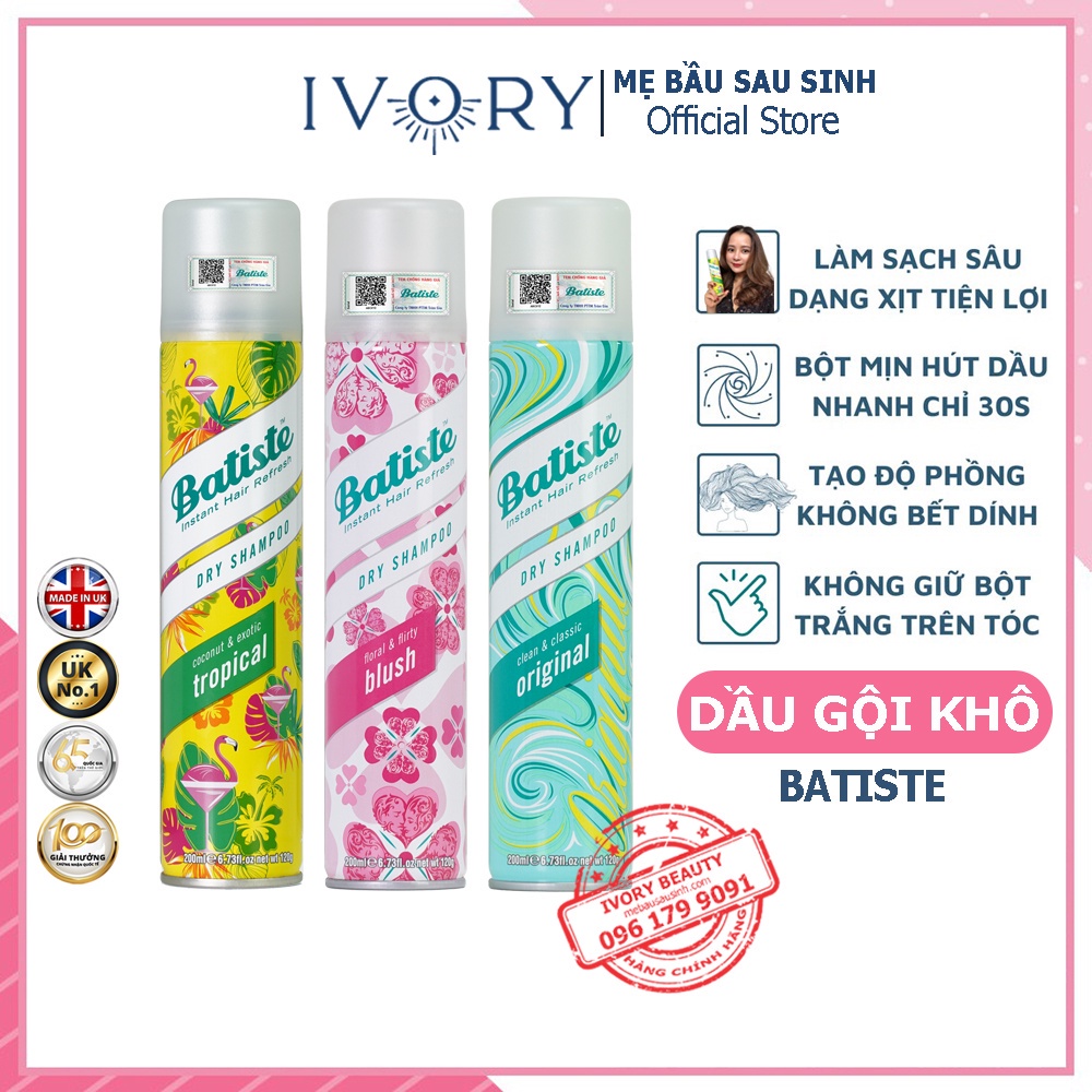 Dầu Gội Khô Batiste Dry Shampoo 200ml Hết Ngứa, Hết Bết Dính Tóc Thơm Mượt Bồng Bềnh Tức Thì