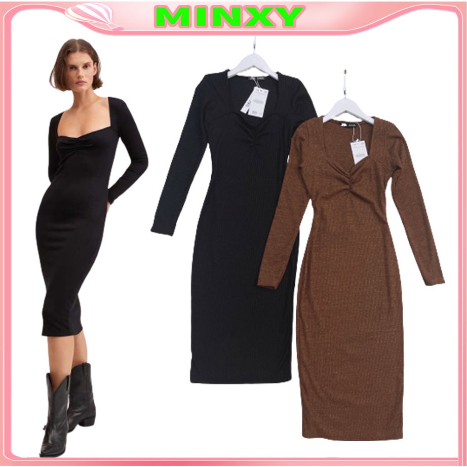 Váy len tăm dúm ngực,đầm body dài tay dáng cổ,khoe khéo xuóng quay xanh lại tôn v1, tinh tế quyến rũ nổi bật-Minxy shop