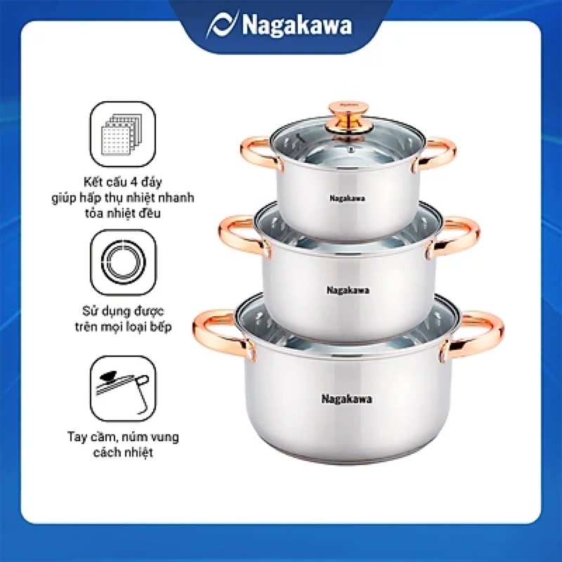 Bộ 3 nồi inox 4 đáy Nagakawa NAG1306 (16cm, 20cm, 24cm) - Quai mạ vàng - Dùng trên mọi loại bếp - Hàng Chính Hãng