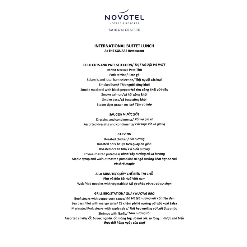 HCM [E-Voucher] Novotel Saigon Centre - International Buffet Trưa Hải Sản Thượng Hạng