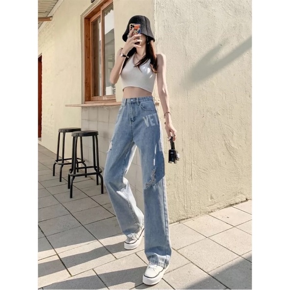 Quần jeans ống rộng cào xước kèm feedback thật